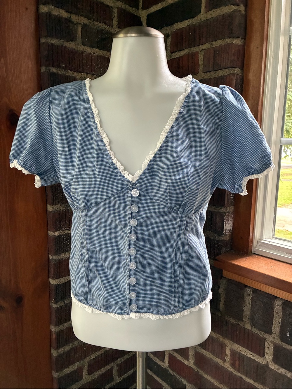 SHEIN Blue and White Lace-Trim Button Front Blouse
